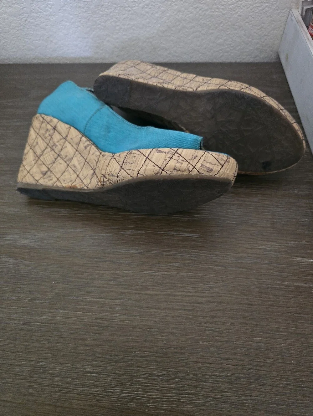 Teal Peep-Toe Wedge Sandals with Teal Strap, well Worn